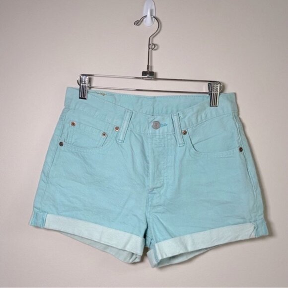 Levi's 501 Cuffed Shorts 100% Cotton High Rise Pale Aquamarine Size 27 - Picture 1 of 6